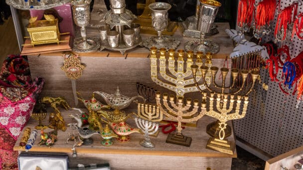 Judaica store in Jerusalem - contains many Jewish symbols in the form of attire, home decor and paraphernalia needed for religious rituals