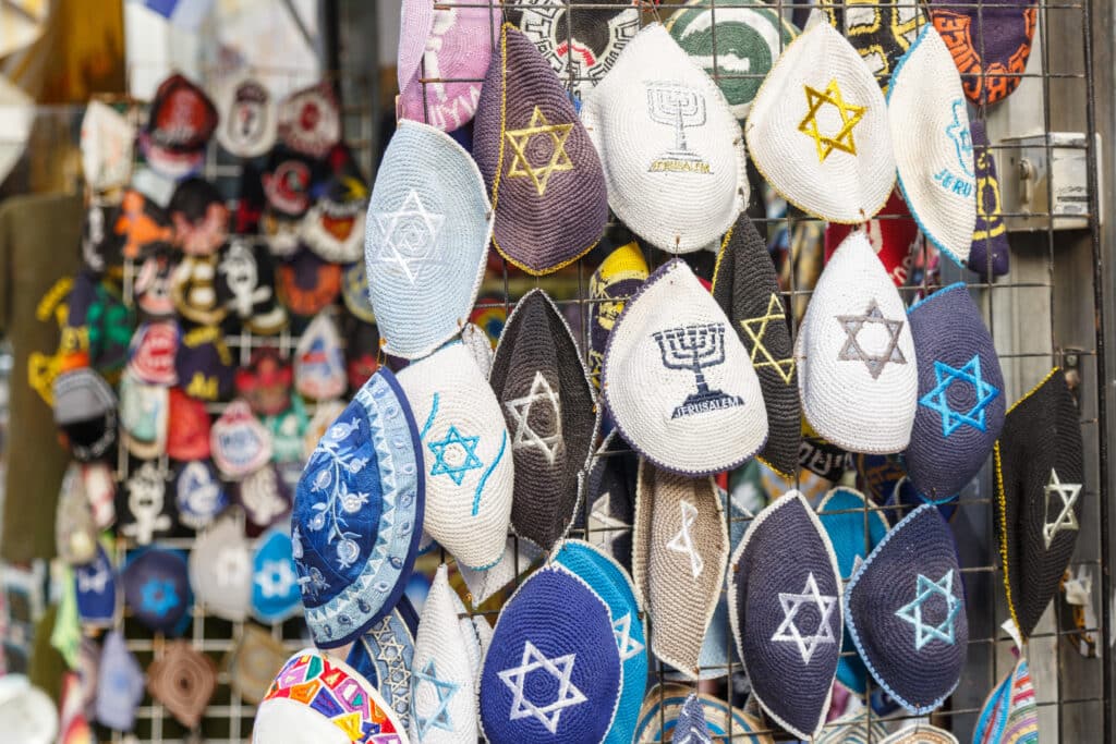 Valiety of kippa's sold in kippa shop inJerusalem, Israel. Kippa is a traditional jewish head accessory and symbol