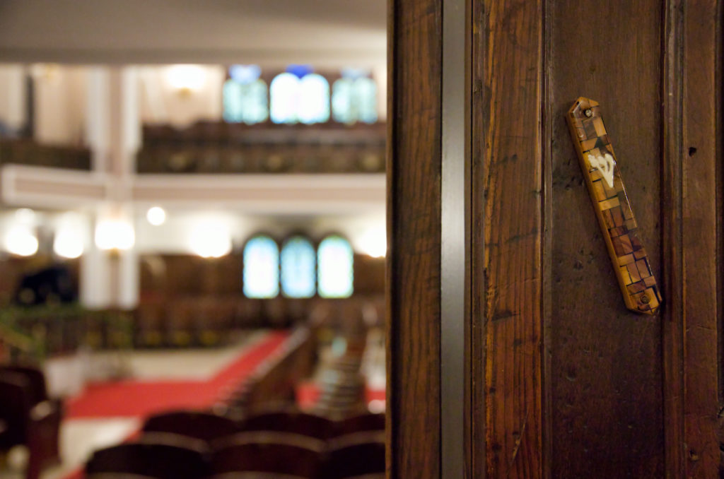 Mezuzah on the door of a synagogue