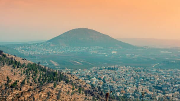 Tabor Mountain and fields in Jezreel Valley in Galilee, Israel