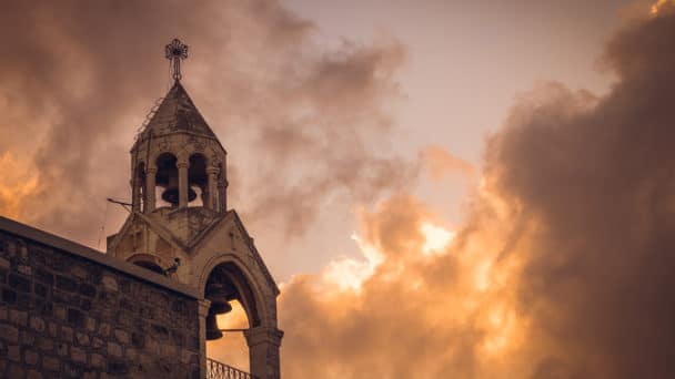 church steeple at sunset