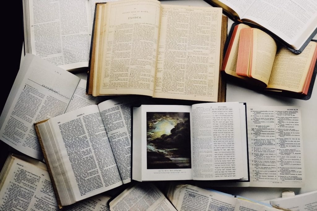 pile of different shapes and sizes of bibles