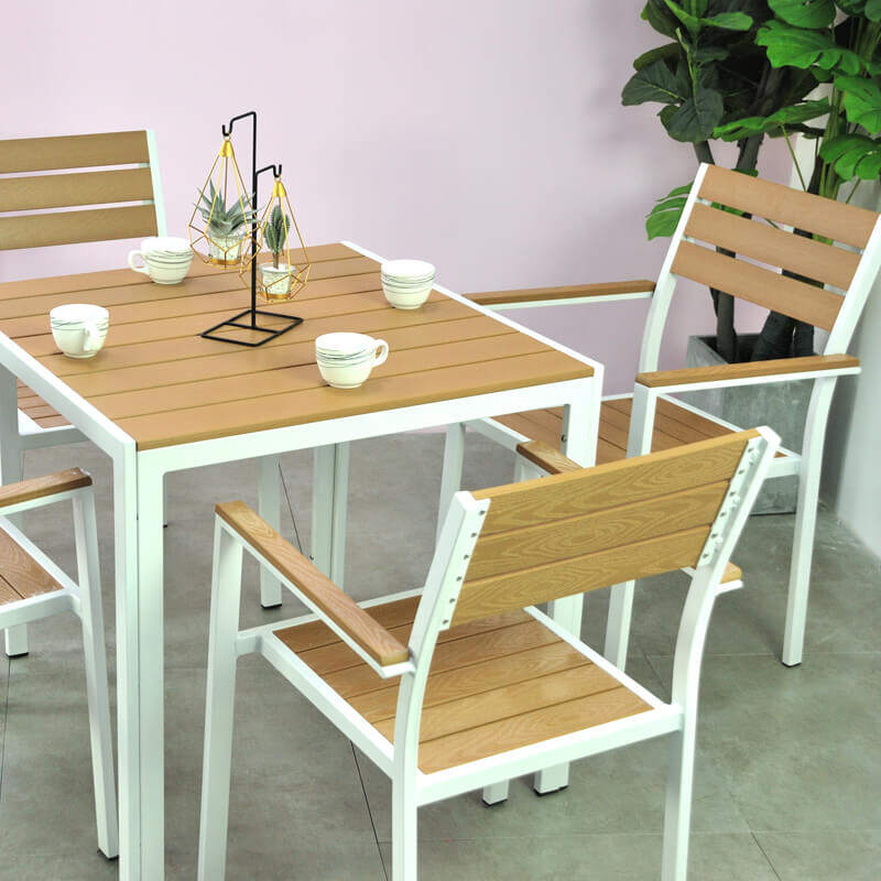 Brand Hot Selling Outdoor Coffee Metal Aluminum 4 Person Garden Plastic Wood Chair Table Set