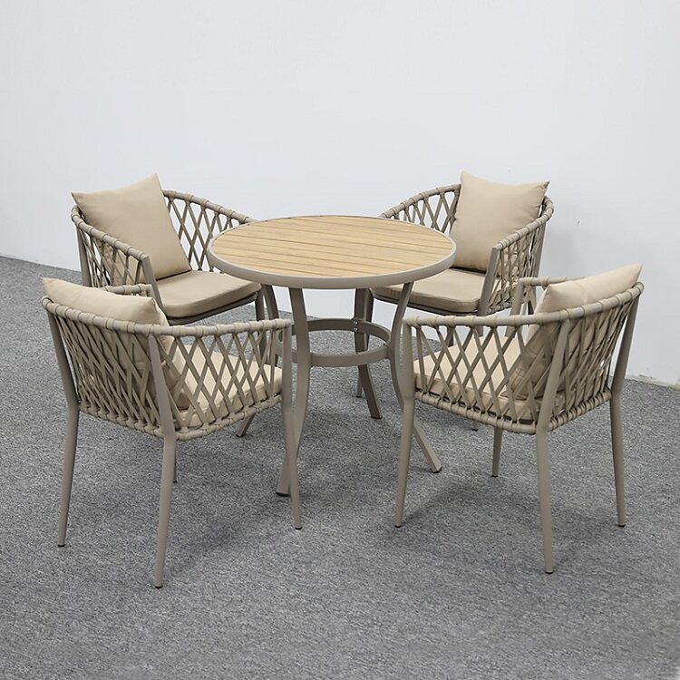 Plastic Wood Garden Round Table And Rope Chairs Set