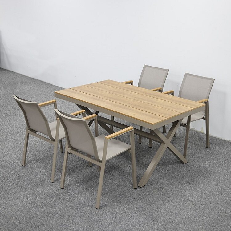 Aluminium Frame Plastic Wood Table And Teslin Chairs